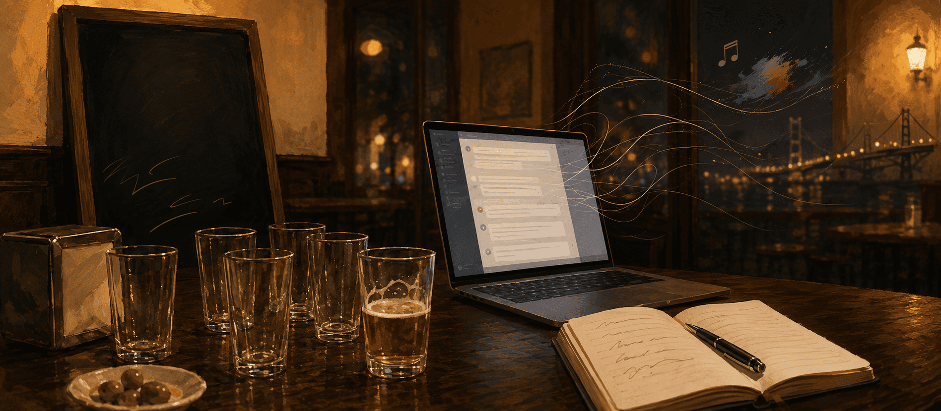 Imagen de una mesa de bar con varios vasos de caña vacíos y un portátil echando humo tras una conversación de horas con chatgpt, para ilustrar el artículo